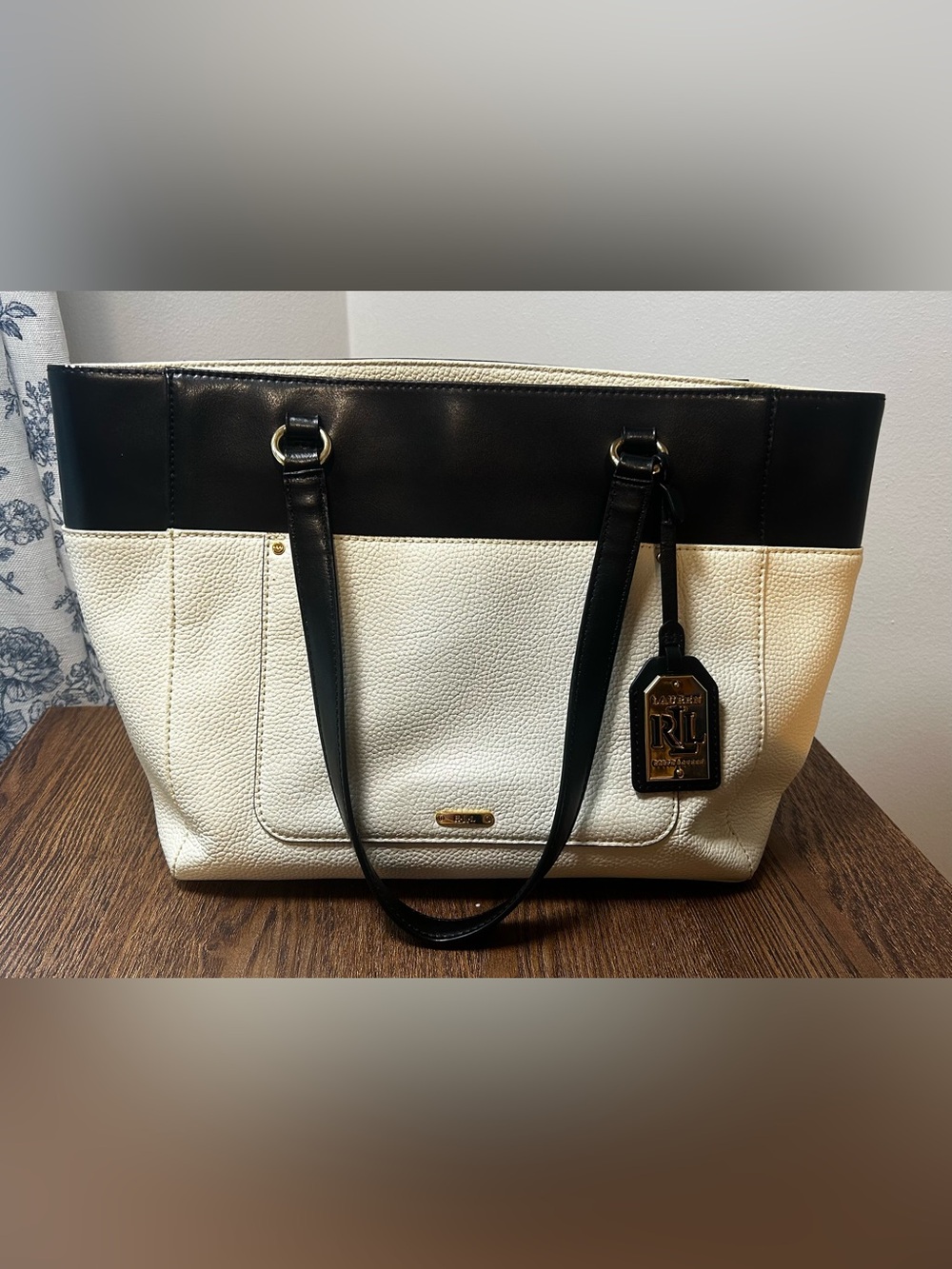 Lauren Ralph Lauren Color Block Leather Tote w/ Gold Hardware & Charm